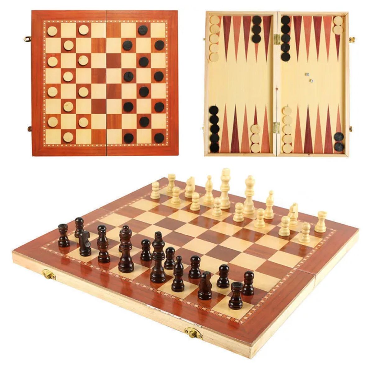 AJEDREZ, DAMA Y BACKGAMMON MAGNETICO DE MADERA PLEGABLE