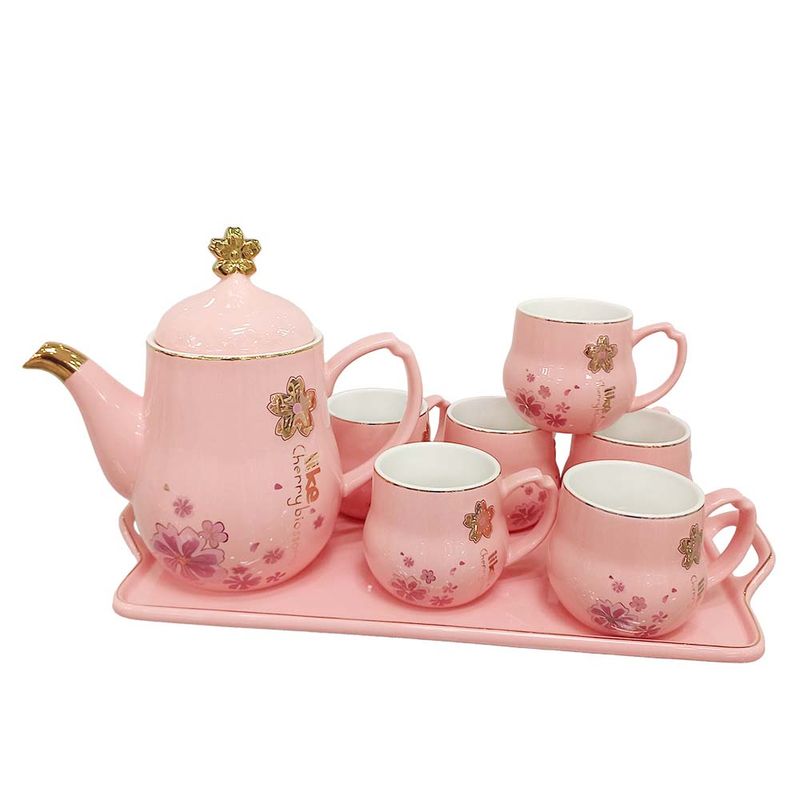 JUEGO DE TAZA C/TETERA Y BANDEJA ROSA 8PZS