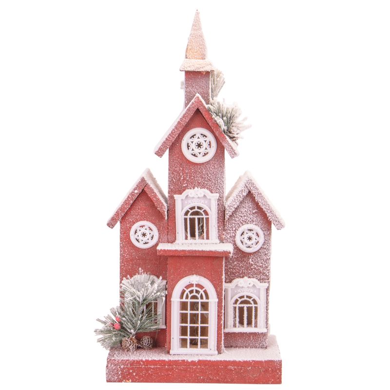 CASA NAVIDEÑA CON LUZ A PILA DE MADERA Y NIEVE 52CM X 25CM