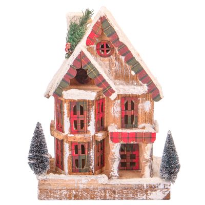 CASA NAVIDEÑA CON LUZ A PILA DE MADERA Y NIEVE 33CM X 23CM