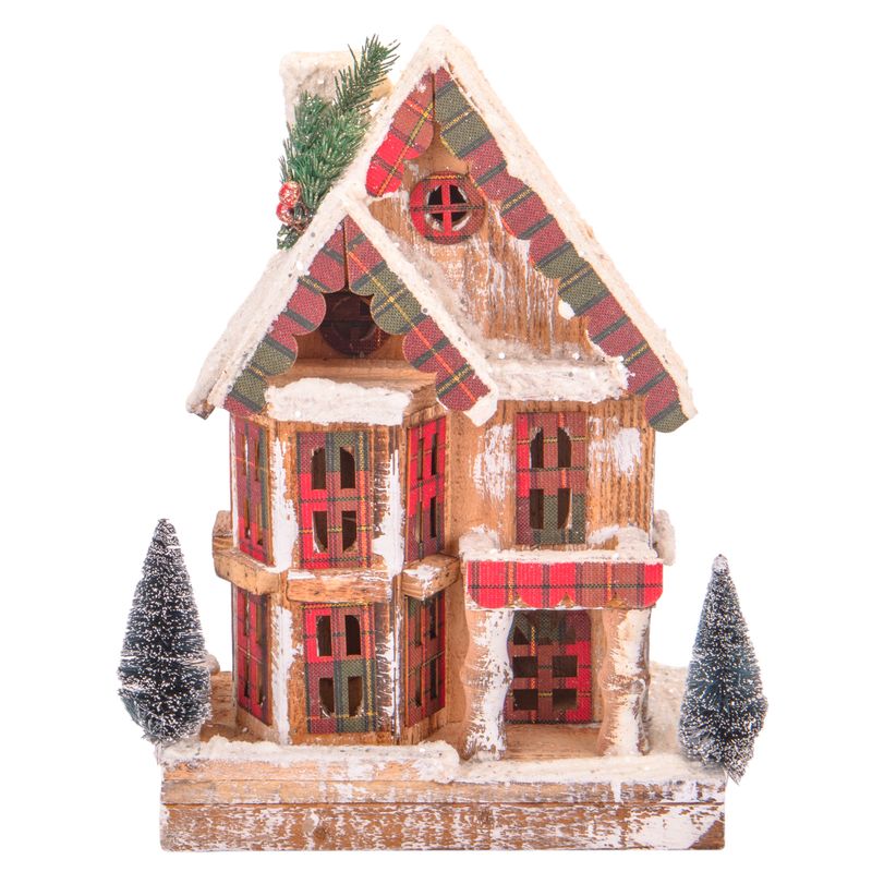 CASA NAVIDEÑA CON LUZ A PILA DE MADERA Y NIEVE 33CM X 23CM