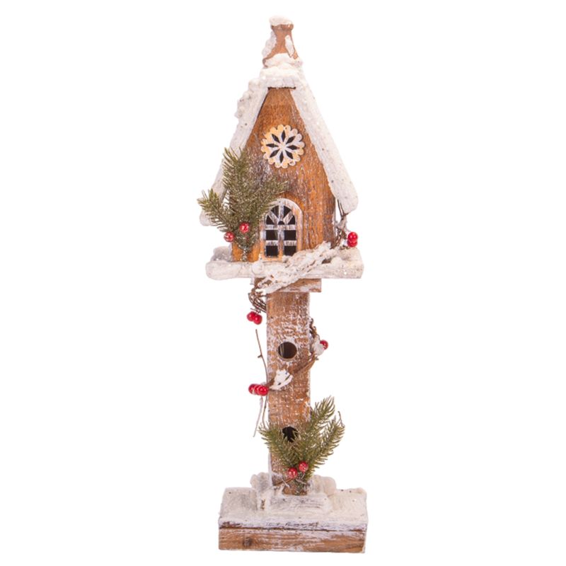CASA NAVIDEÑA CON LUZ A PILA  DE MADERA Y NIEVE 52CM X 14CM