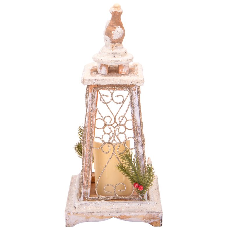 FARO NAVIDEÑO CON LUZ A PILA DE MADERA Y NIEVE 42CMX19CM