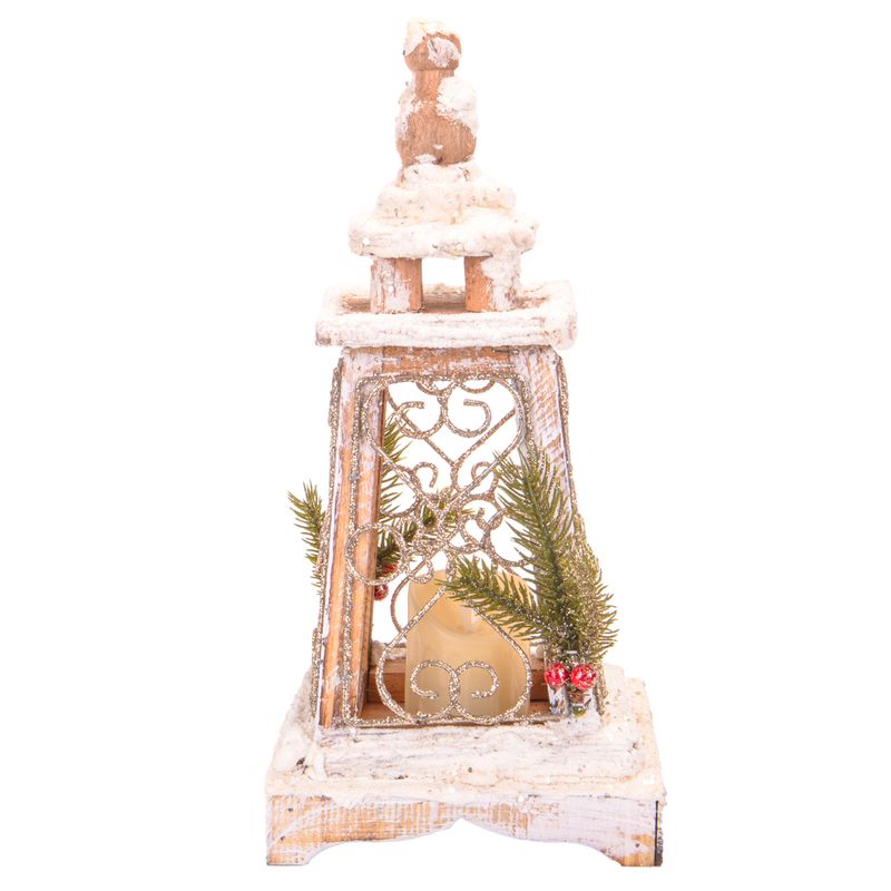 FARO NAVIDEÑO CON LUZ A PILA DE MADERA Y NIEVE 34CM X 16CM