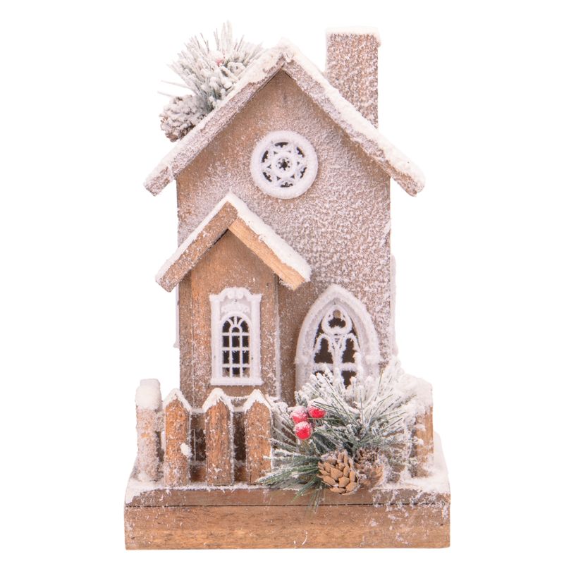 CASA NAVIDEÑA DE MADERA Y NIEVE CON LUZ 30CM X 20CM