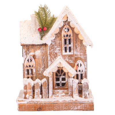 CASA NAVIDEÑA CON LUZ A PILA DE MADERA Y NIEVE 30CM X 22CM
