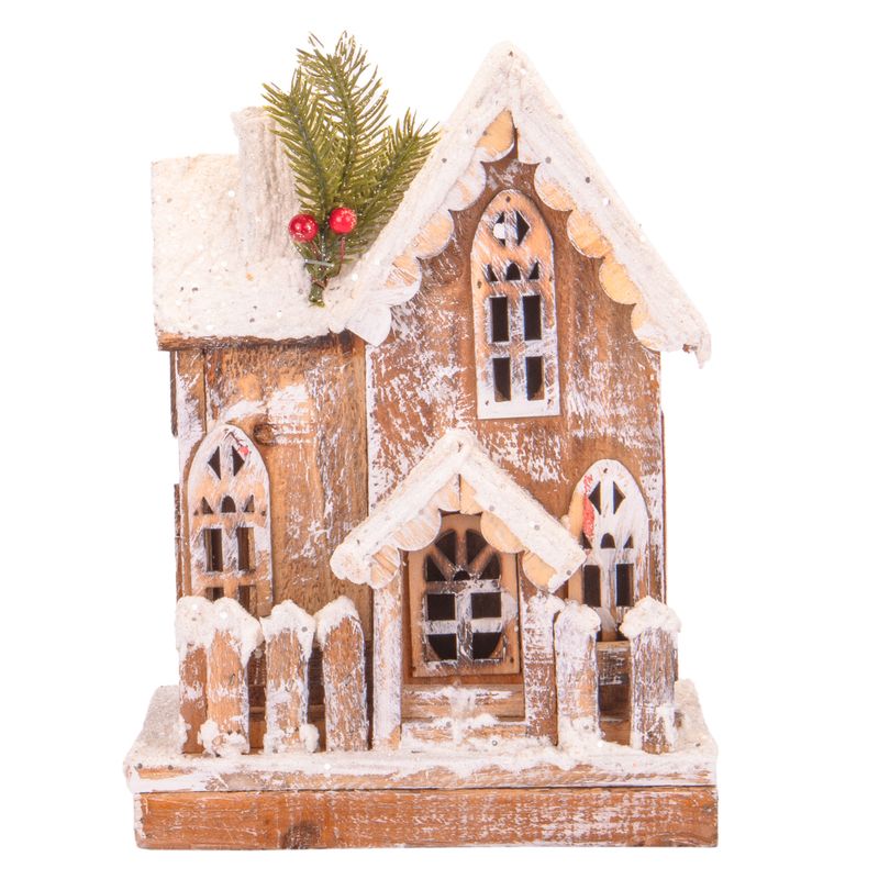 CASA NAVIDEÑA CON LUZ A PILA DE MADERA Y NIEVE 30CM X 22CM