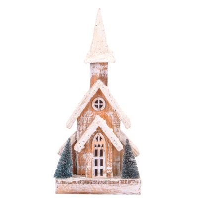 CASA NAVIDEÑA CON LUZ A PILA DE MADERA Y NIEVE 46CM X 26CM