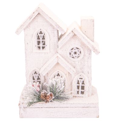 CASA NAVIDEÑA CON LUZ A PILA DE MADERA Y NIEVE  52CM X 14CM