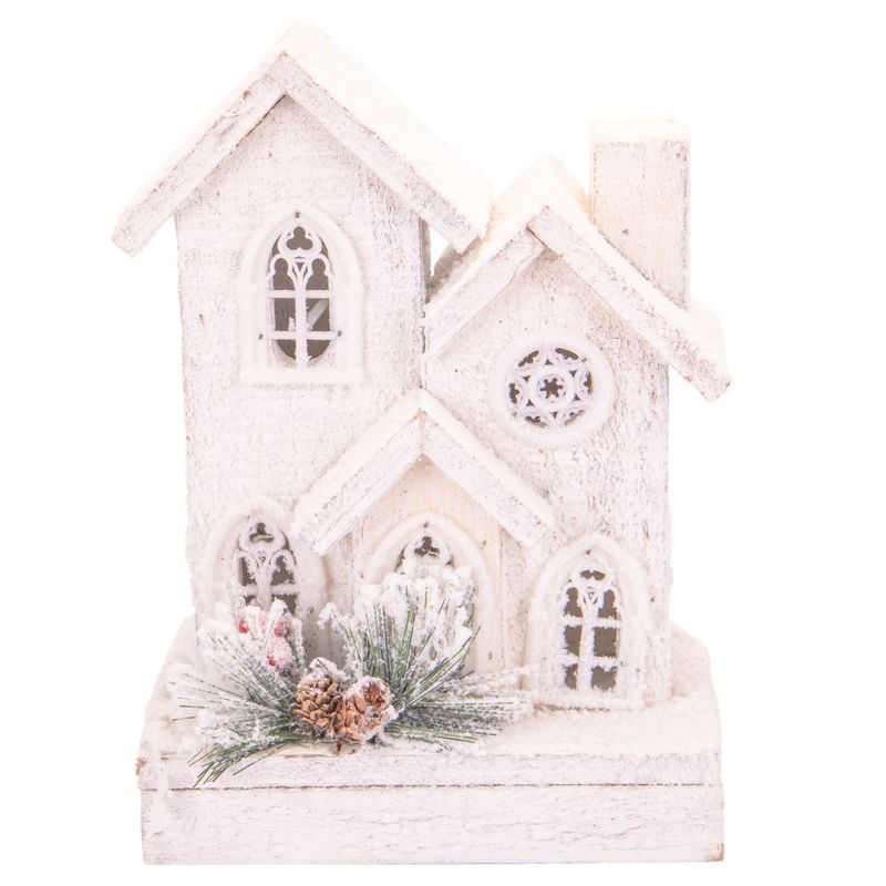 CASA NAVIDEÑA CON LUZ A PILA DE MADERA Y NIEVE  52CM X 14CM