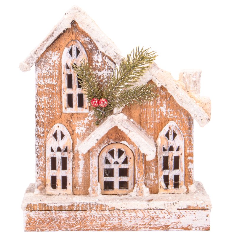 CASA NAVIDEÑA CON LUZ A PILA DE MADERA Y NIEVE 26CM X 22CM