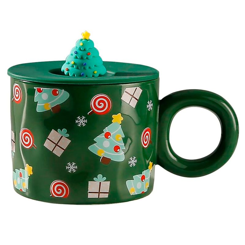 TAZA DE PORCELANA NAVIDEÑA VERDE CON ARBOLITO 300ML