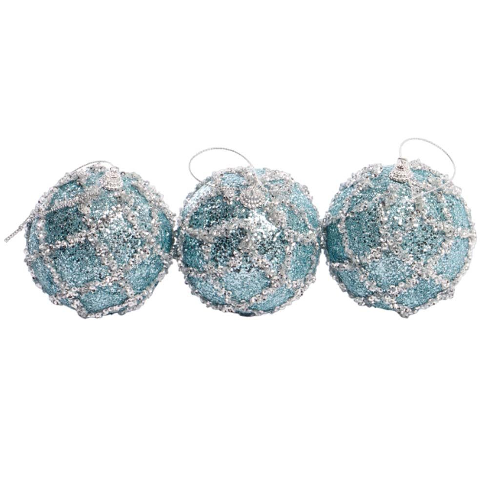 BOLA NAVIDEÑA CELESTE C/RAYAS 8CM CON 3PZ