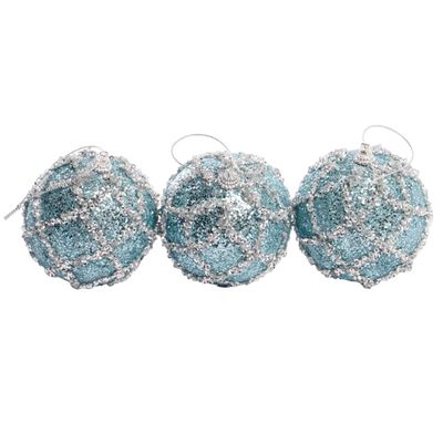 BOLA NAVIDEÑA CELESTE C/RAYAS 8CM CON 3PZ