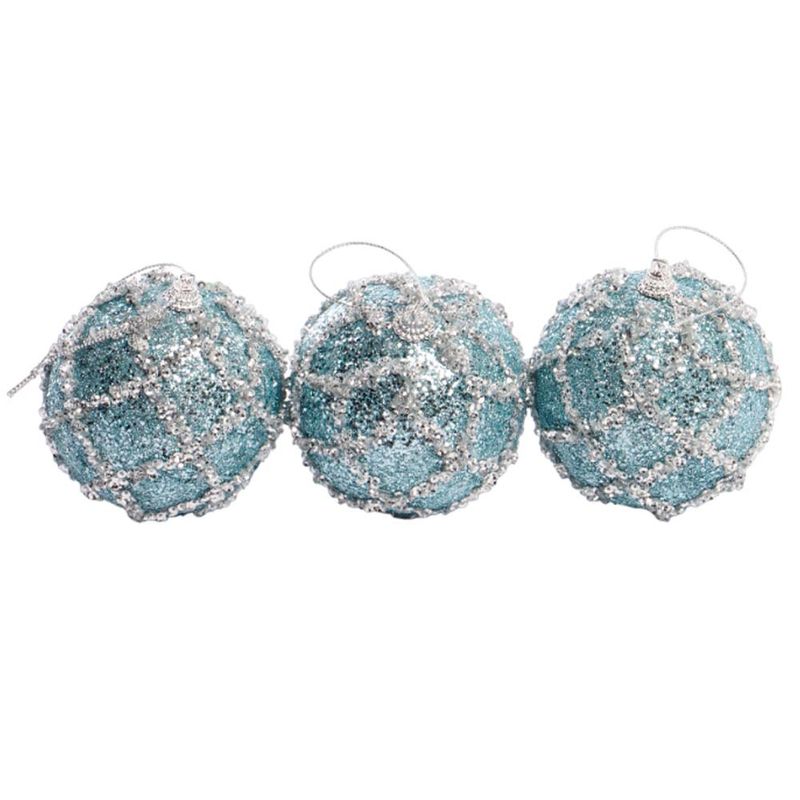 BOLA NAVIDEÑA CELESTE C/RAYAS 8CM CON 3PZ