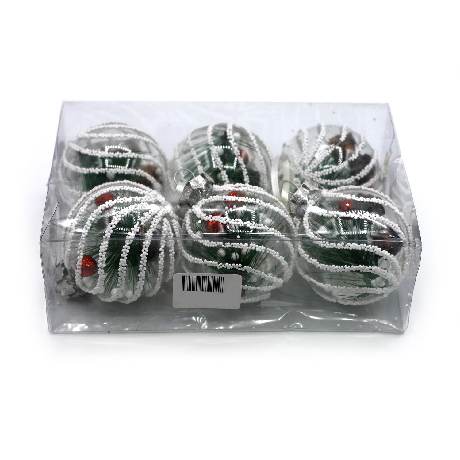 BOLA NAVIDEÑA TRANSPARENTE CON RAYAS BLANCAS Y PINO 6CM 6 PZ