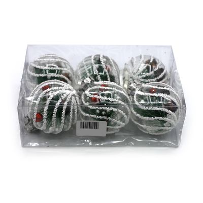 BOLA NAVIDEÑA TRANSPARENTE CON RAYAS BLANCAS Y PINO 6CM 6 PZ