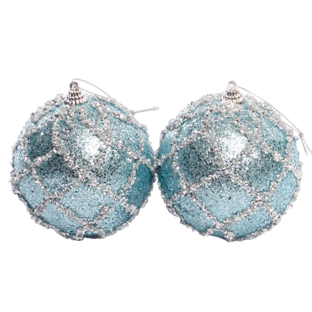 BOLA NAVIDEÑA CELESTE PLATEADA CON RAYAS 10CM 2PZ