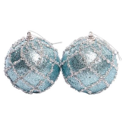 BOLA NAVIDEÑA CELESTE PLATEADA CON RAYAS 10CM 2PZ