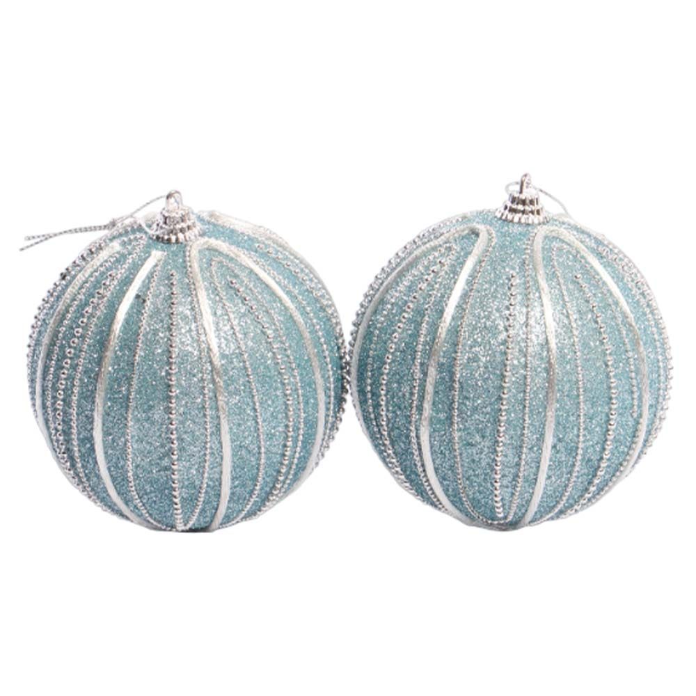 BOLA NAVIDEÑA CELESTE PLATEADA CON RAYAS 10CM CON 2PZ