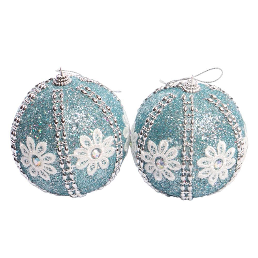 BOLA NAVIDEÑA CELESTE PLATEADA 10CM 2PZ