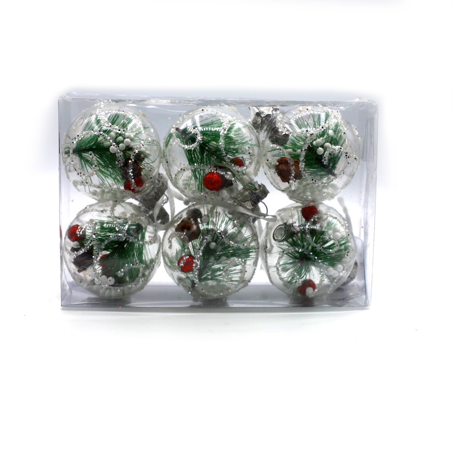 BOLA NAVIDEÑA TRANSPARENTE C/RAMITA DE PINO 6CM 6PZS
