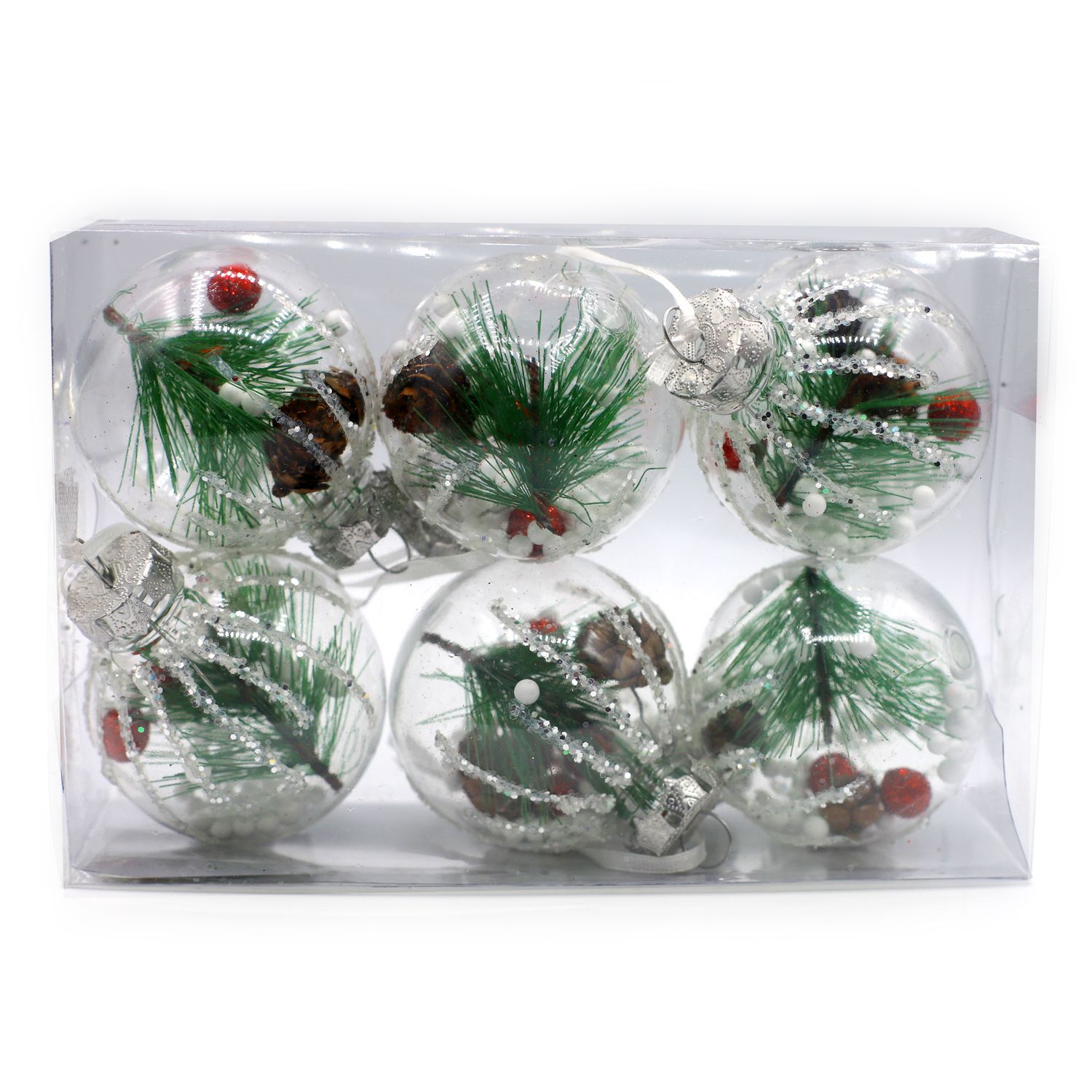 BOLA NAVIDEÑA TRANSPARENTE CON RAMITAS DE PINO 6CM 6PZS
