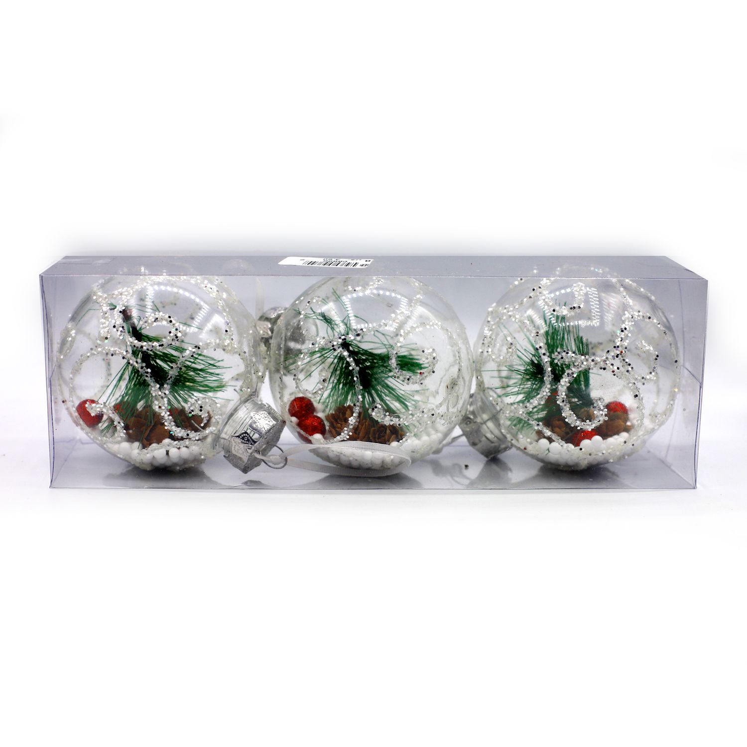 BOLA NAVIDEÑA TRANSPARENTE CON RAMAS DE PINO 8CM 3PZS 