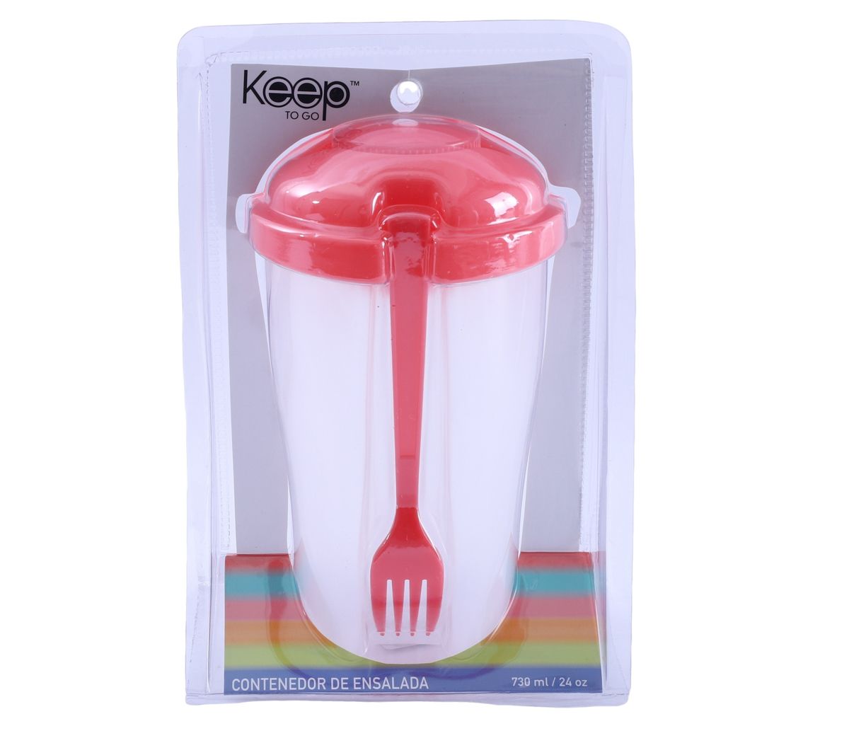 MARMITA DE PLASTICO CON TENEDOR PARA ENSALADA, SALMON 730ML