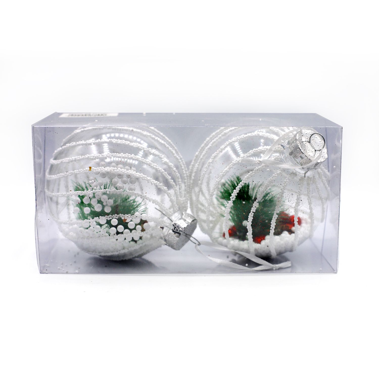 BOLA NAVIDEÑA TRANSPARENTE CON NIEVE 10CM 2PZS