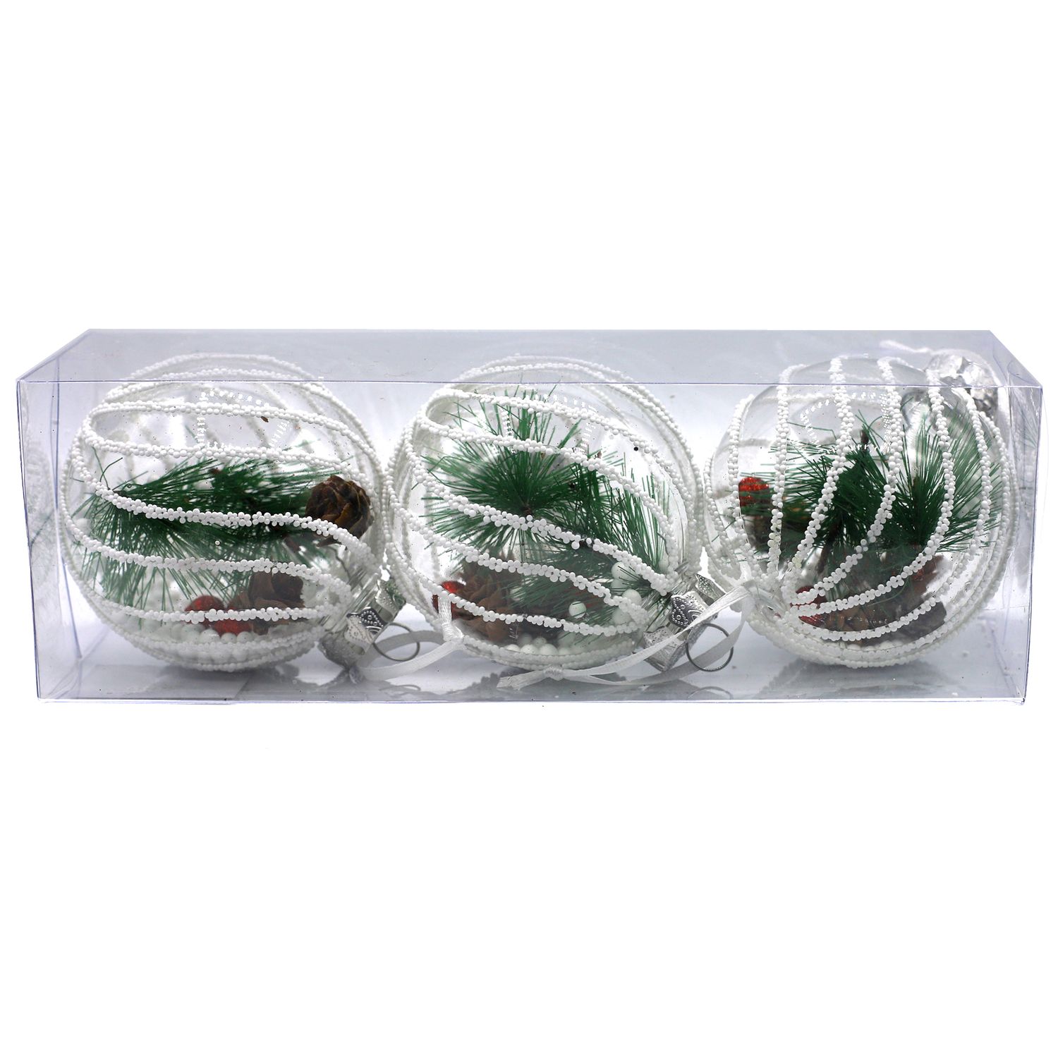 BOLA NAVIDEÑA TRANSPARENTE CON RAMAS DE PINO 8CM 3 PIEZAS 