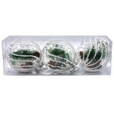 BOLA NAVIDEÑA TRANSPARENTE CON RAMAS DE PINO 8CM 3 PIEZAS 