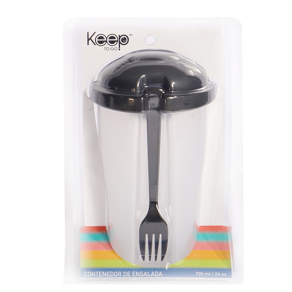MARMITA DE PLASTICO CON TENEDOR PARA ENSALADA, NEGRO 730ML 