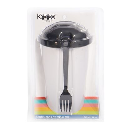 MARMITA DE PLASTICO CON TENEDOR PARA ENSALADA, NEGRO 730ML 