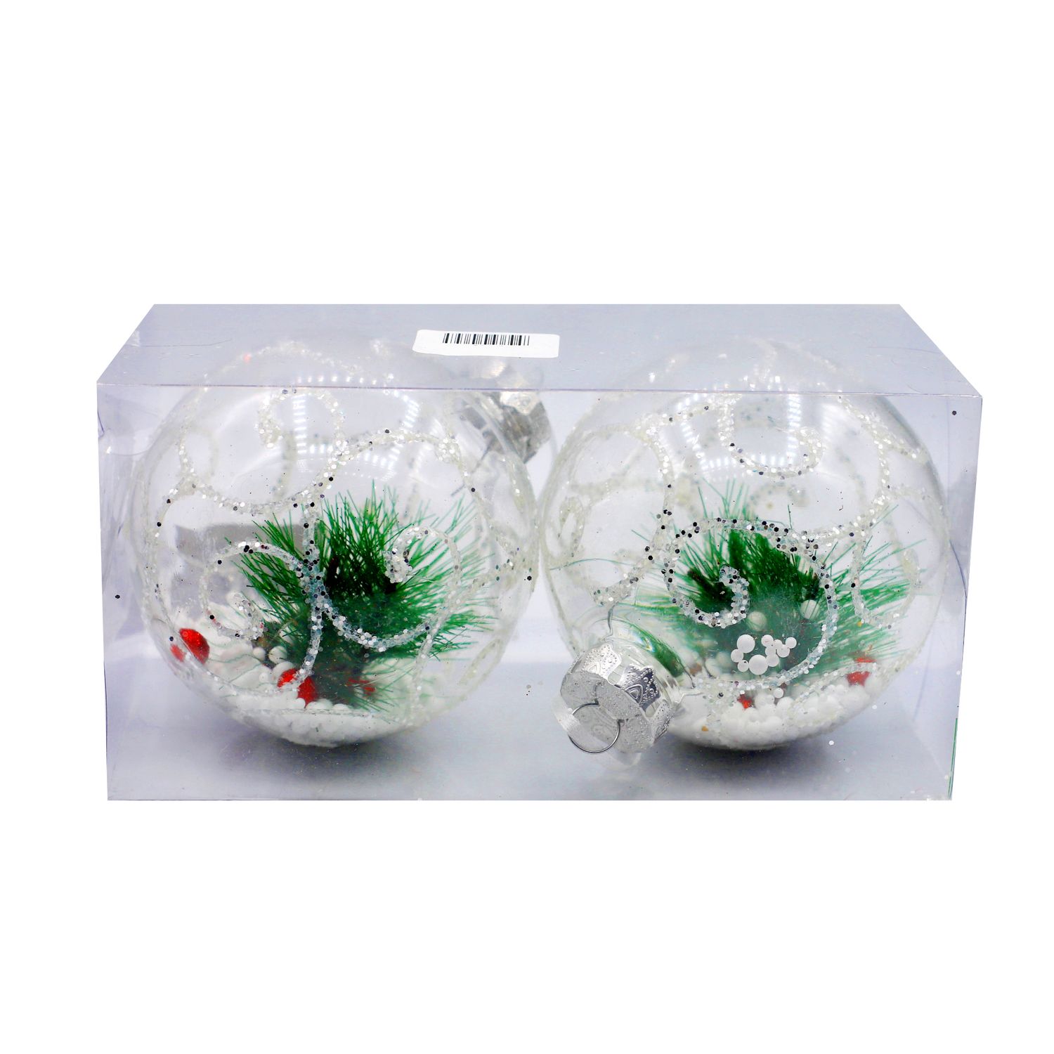 BOLA NAVIDEÑA TRANSPARENTE CON NIEVE Y PINO 10CM 2PZS
