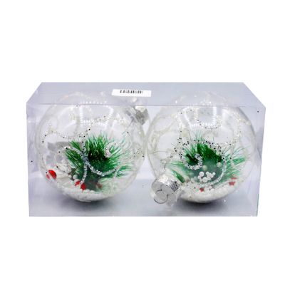 BOLA NAVIDEÑA TRANSPARENTE CON NIEVE Y PINO 10CM 2PZS