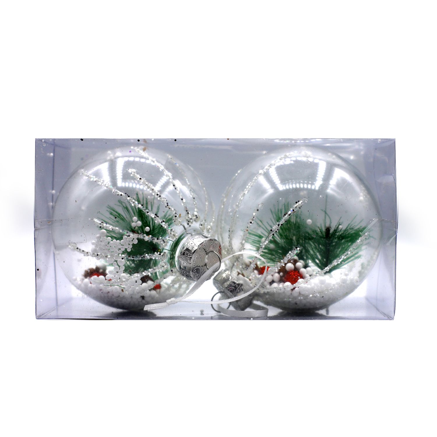 BOLA NAVIDEÑA TRANSPARENTE CON NIEVE Y PINO 10CM 2PZS