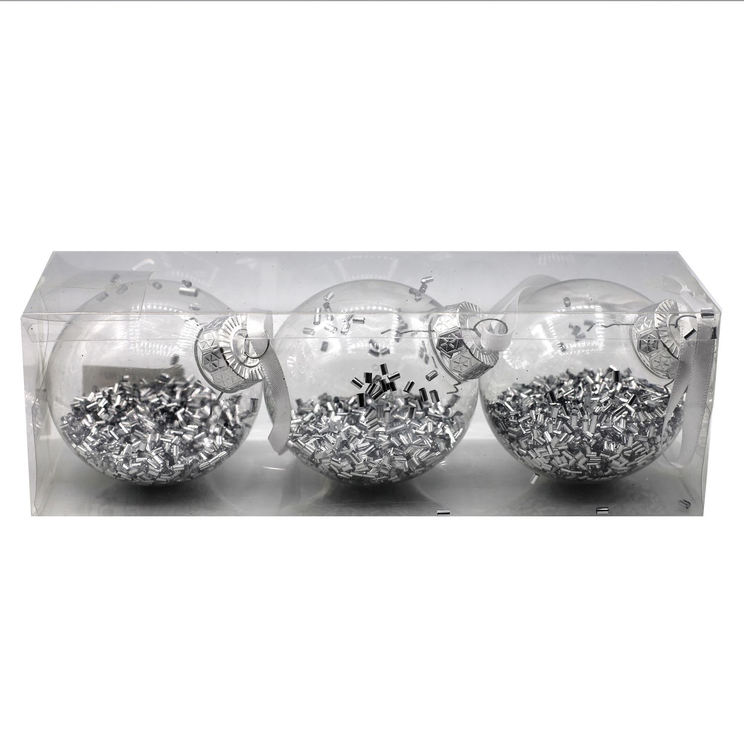 BOLA NAVIDEÑA TRANSPARENTE CON VIRUTAS PLATEADAS 8CM 6PZ