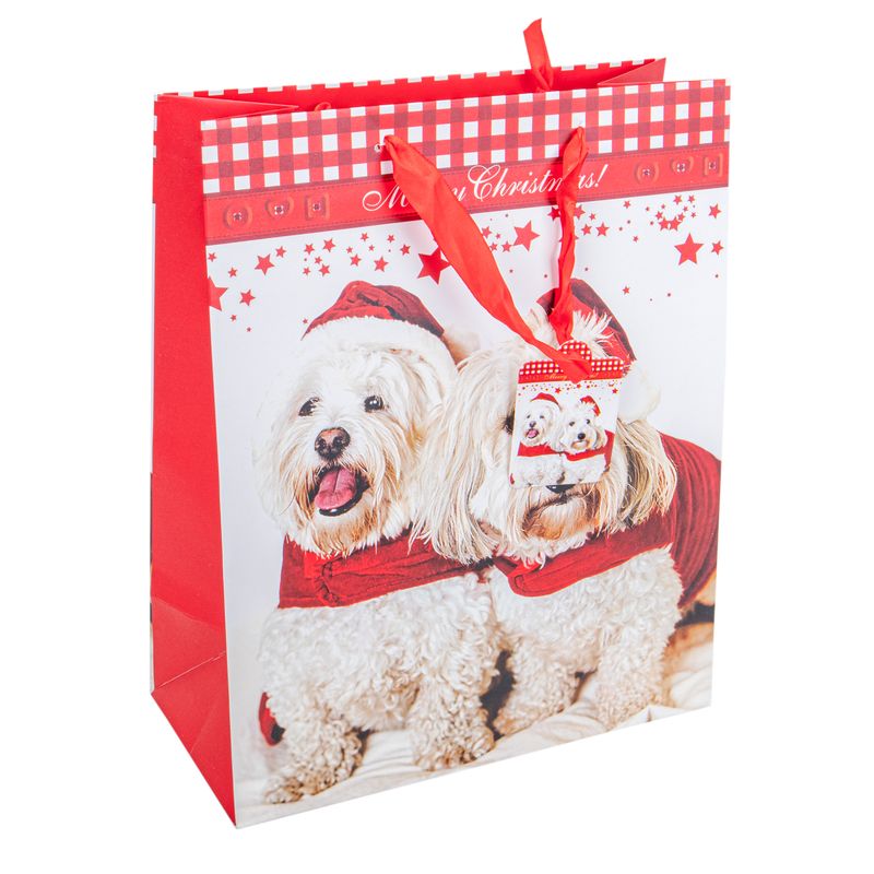 BOLSA DE REGALO NAVIDEÑA DISEÑO DE PERRO Y GATO 32X26