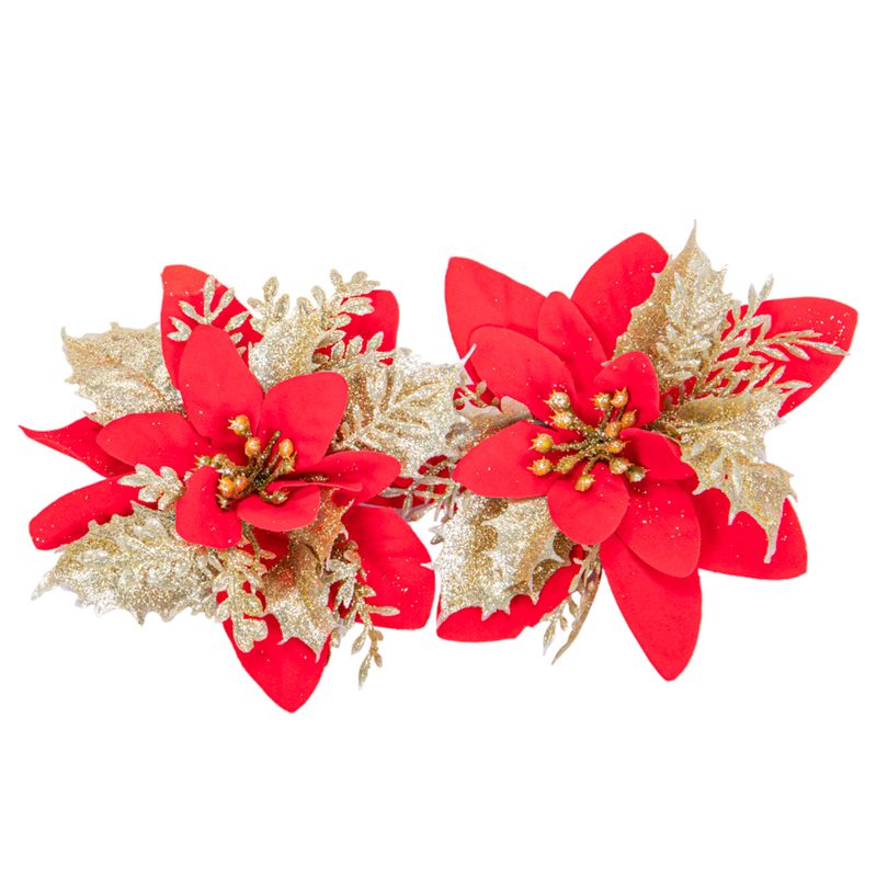 FLOR NAVIDEÑA ROJA CON DETALLES DORADOS 2 PZS