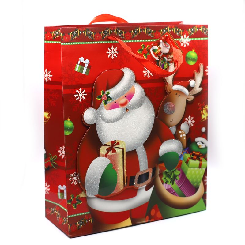 BOLSA NAVIDEÑA ROJO 3D DISEÑO PAPA NOEL Y RENO TAMAÑO M