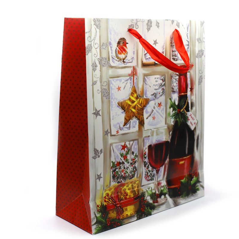 BOLSA NAVIDEÑA CON DISEÑO DE COPA CON VINO TAMAÑO M