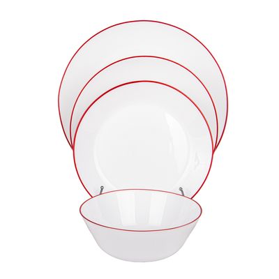 JUEGO DE VAJILLA BLANCA C/ RAYA ROJO DE 24PZ VIDRO FRANCES
