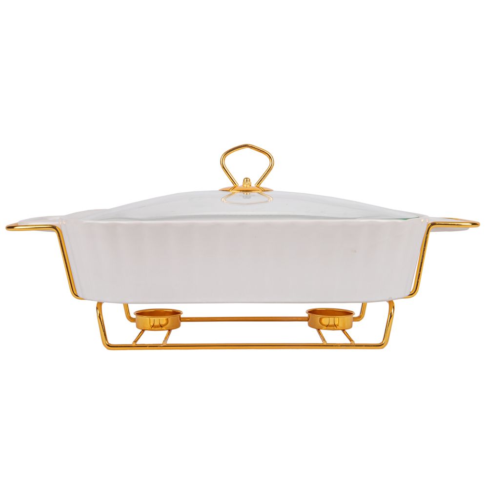 BUFETERA DE PORCELANA CON 2 QUEMADOR TAPA VIDRIO 32X24CM