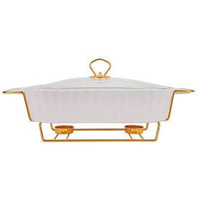 BUFETERA DE PORCELANA CON 2 QUEMADOR TAPA VIDRIO 32X24CM