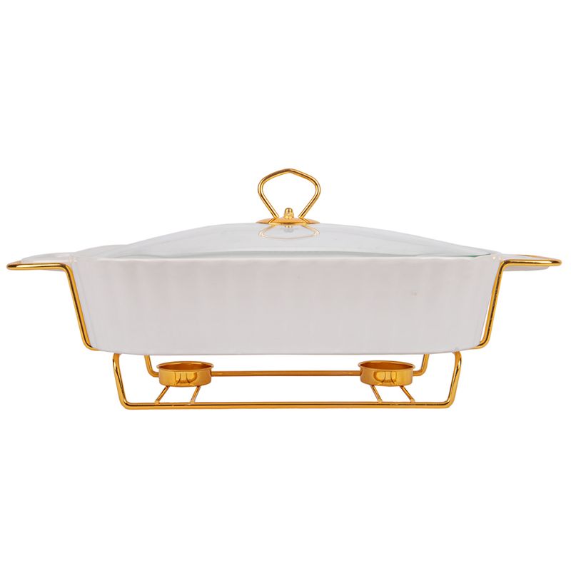 BUFETERA DE PORCELANA CON 2 QUEMADOR TAPA VIDRIO 32X24CM