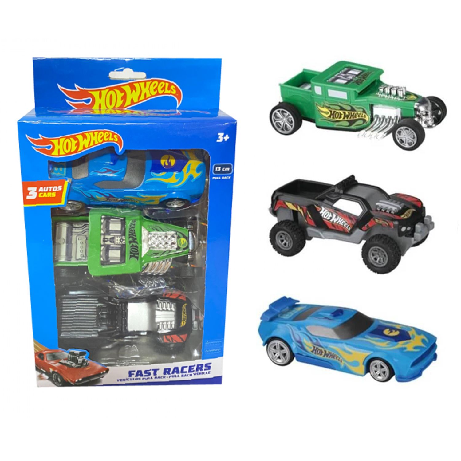 HOT WHEELS FAST RACER - PACK DE 3 VEHÍCULOS PULLBACK 13CMS 