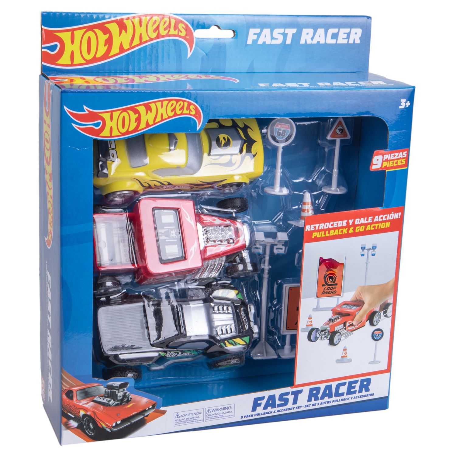 HOT WHEELS FAST RACER PULLBACK 3 AUTOS 13 CMS + 6 ACCESORIOS