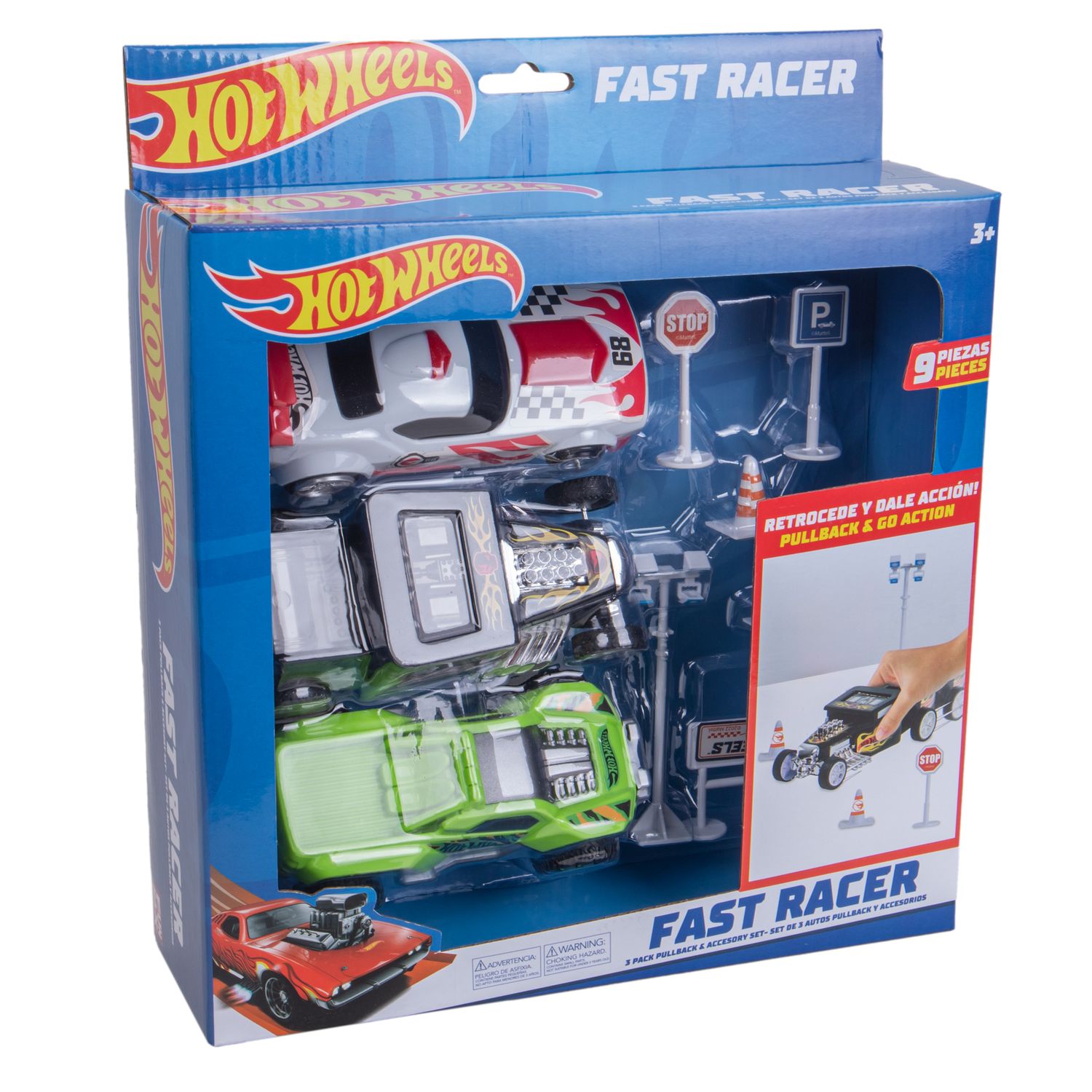 HOT WHEELS FAST RACER PULLBACK 3 AUTOS 13 CMS + 6 ACCESORIOS