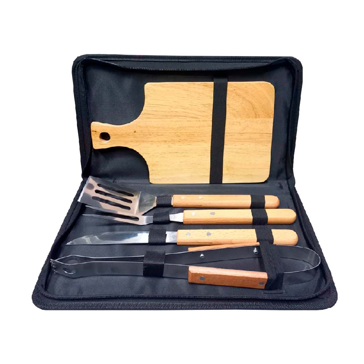 JUEGO PARA ASADO CON TABLA DE BAMBU Y ESTUCHE 5PZS 